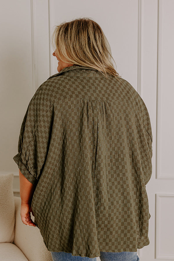 Premium Fit Check Oversized Button-Up Shirt in Olive Curves