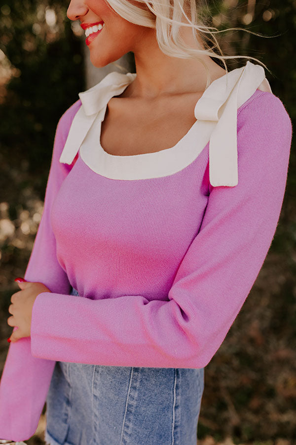 Premium Small Town Bistro Knit Top - Feminine Pink with Bow Accents