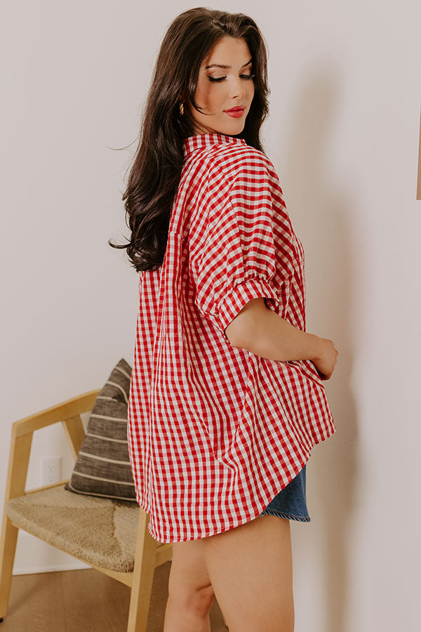 Ultimate Picnic Style: Oversized Gingham Button-Up Shirt in Vibrant Red