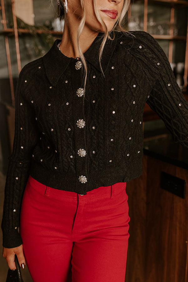 Premium Kind Smile Rhinestone Embellished Cardigan - Black