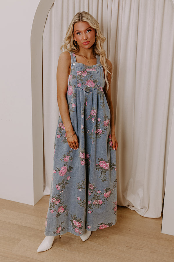 Premium Botanical Brunch Wide Leg Denim Jumpsuit - Effortless Style Upgrade