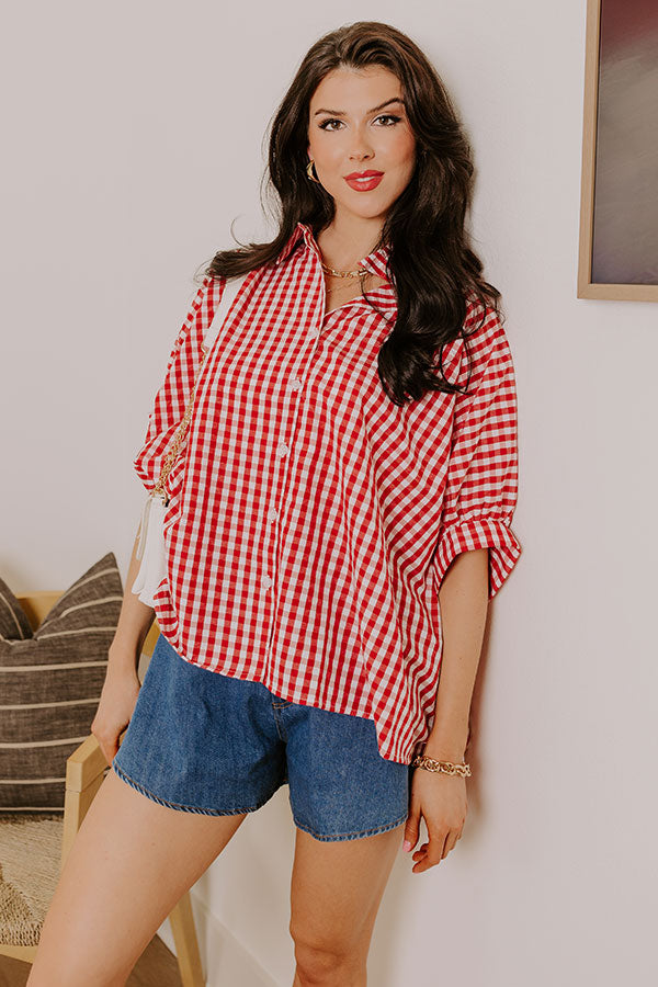 Ultimate Picnic Style: Oversized Gingham Button-Up Shirt in Vibrant Red