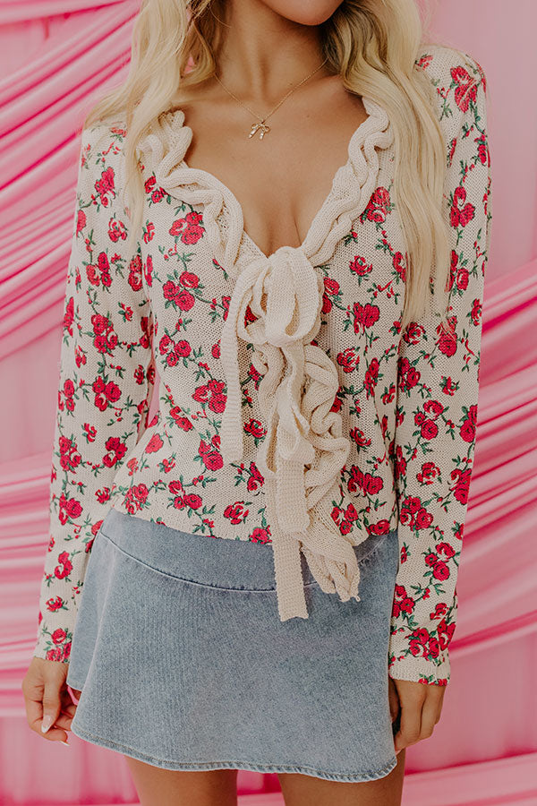 Ultimate Floral Ruffle Front Tie Knit Top