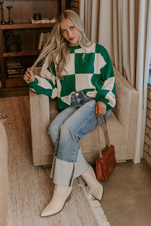 Premium Checkered Knit Sweater - Hunter Green