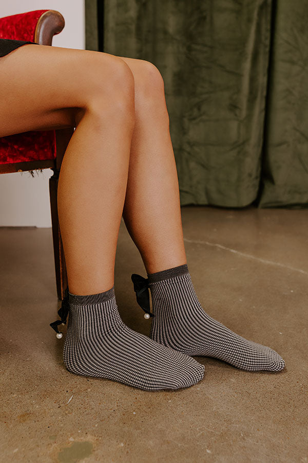 Premium Houndstooth Anklet Socks with Velvet Bows