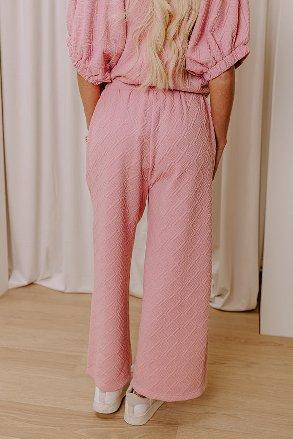 Premium High Waist Knit Pants with Diamond Pattern - Pink