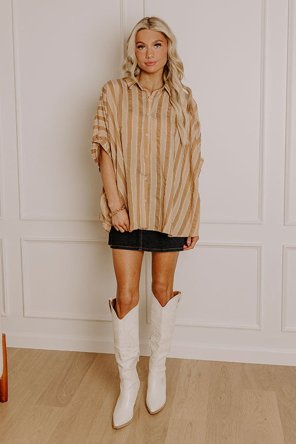 Premium Pumpkin Spice Cutie Oversized Button-Up Shirt in Camel