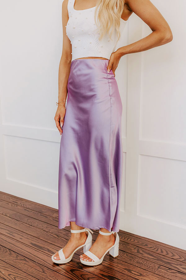 Premium Lavender Satin Midi Skirt - High Waist Elegance