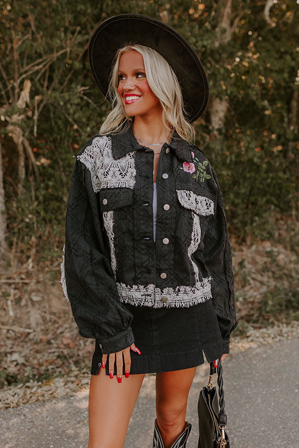 Premium Boho Embroidered Denim Jacket - Black