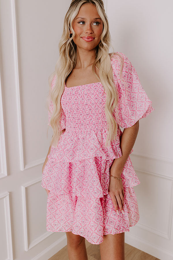 Premium Pink Floral Tiered Mini Dress - Romantic Allure