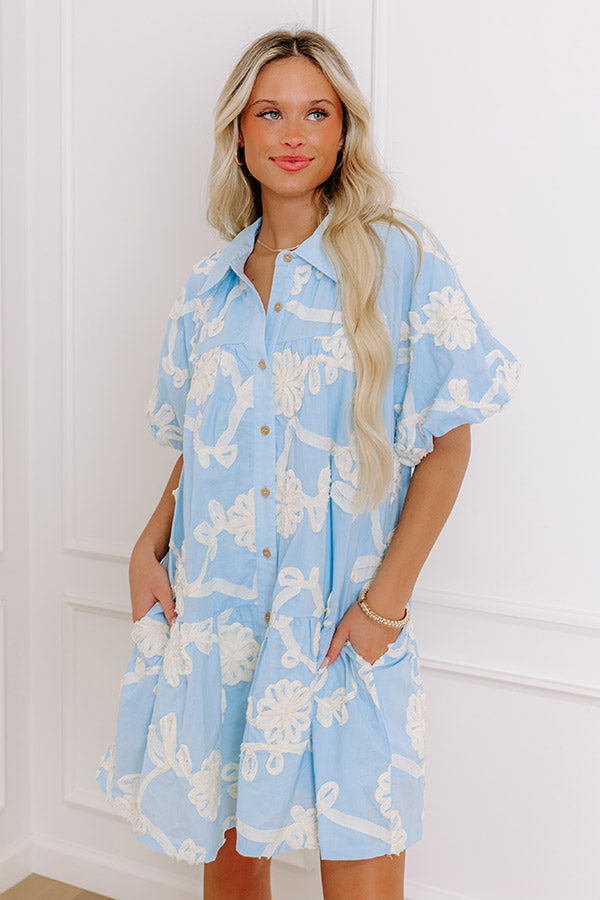 Premium Floral Embroidered Mini Dress - Sky Blue
