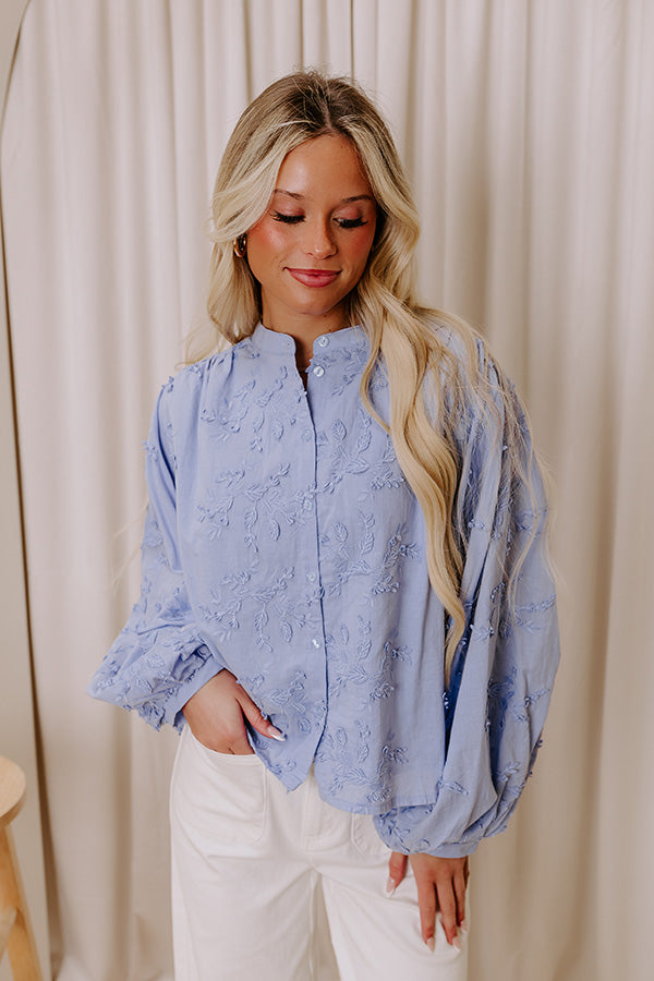 Premium Lost In Love Embroidered Button-Up Top - Sky Blue