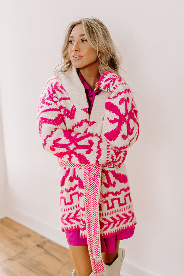 Premium Cozy Knit Cardigan - Pink Snowflake Design