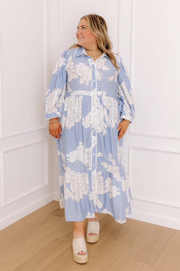 Premium Floral Midi Dress - Sky Blue Curves | Feminine & Flowy