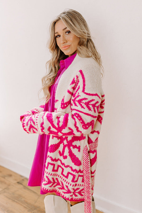 Premium Cozy Knit Cardigan - Pink Snowflake Design