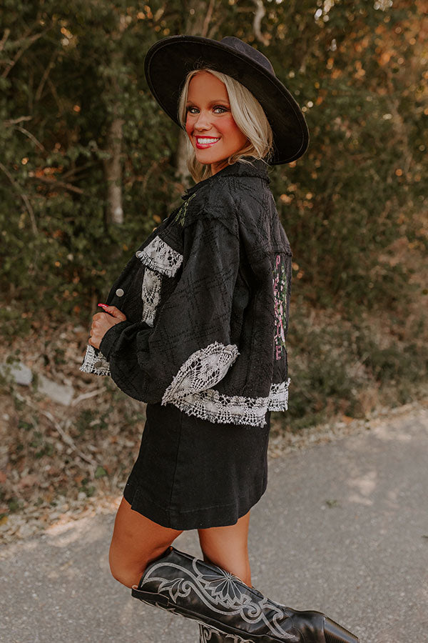 Premium Boho Embroidered Denim Jacket - Black