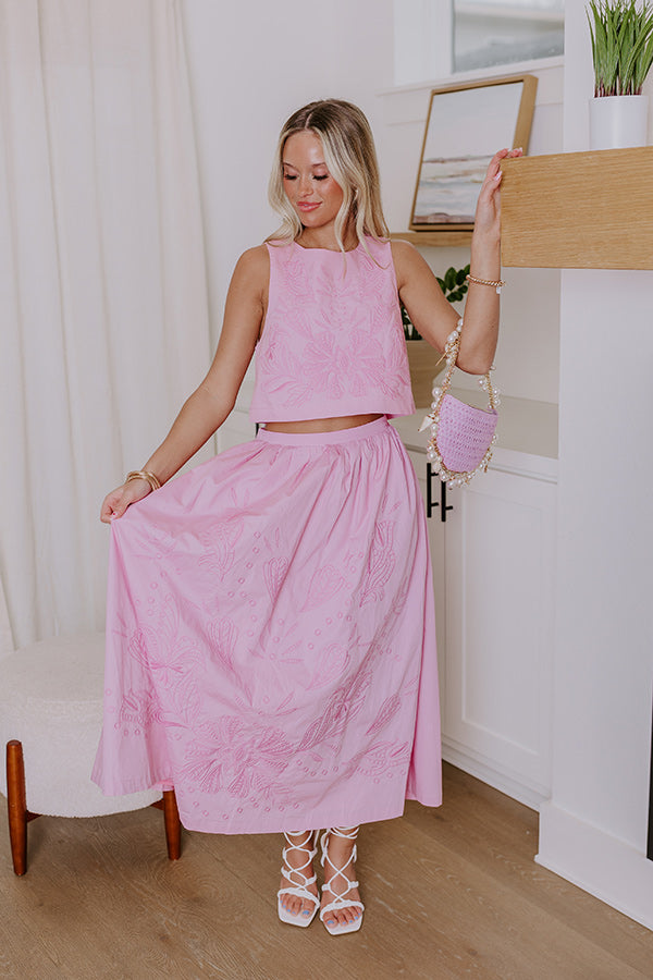 Premium Vacay Bound High Waist Embroidered Midi Skirt in Blush