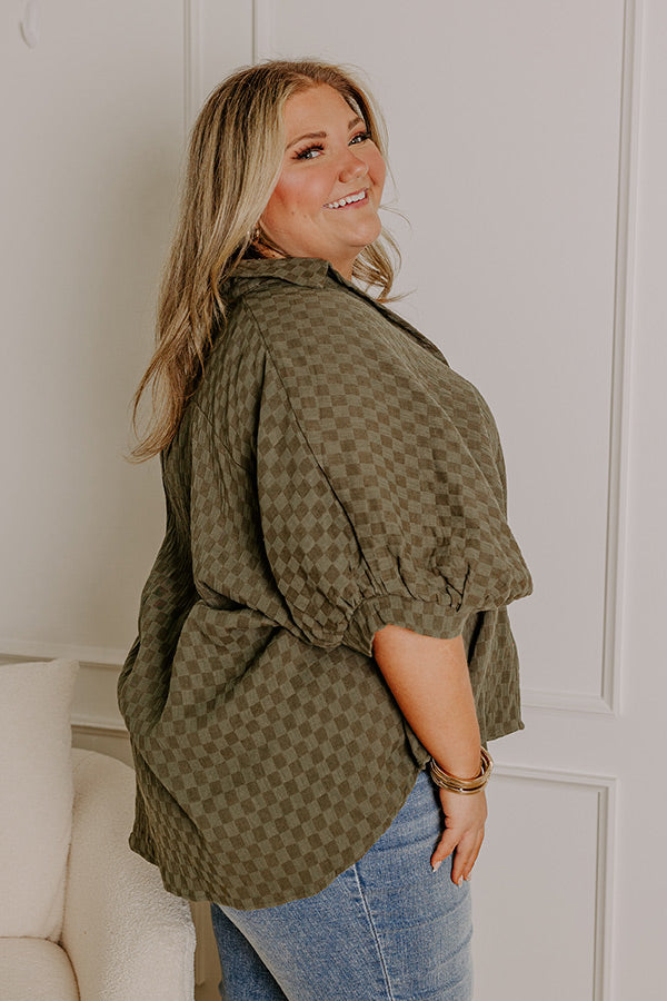 Premium Fit Check Oversized Button-Up Shirt in Olive Curves