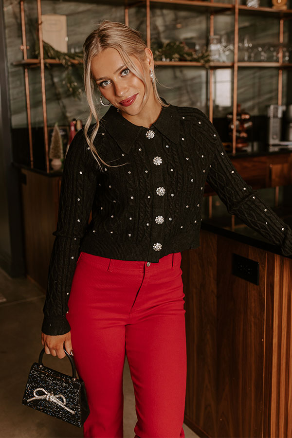 Premium Kind Smile Rhinestone Embellished Cardigan - Black
