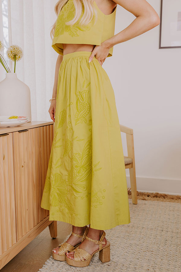 Premium Lime Punch High Waist Embroidered Midi Skirt - Ultimate Vacation Style