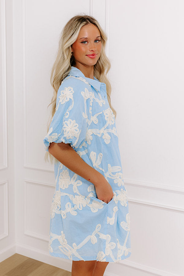 Premium Floral Embroidered Mini Dress - Sky Blue