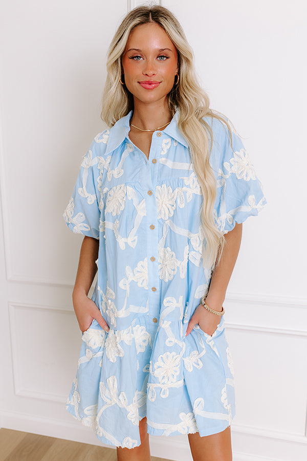 Premium Floral Embroidered Mini Dress - Sky Blue