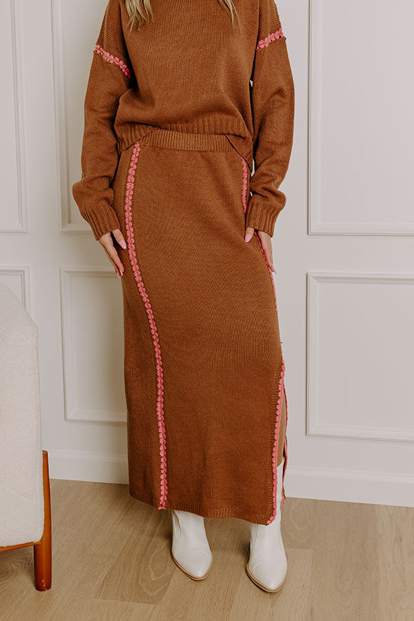 Premium Chocolate High Waist Knit Maxi Skirt with Embroidered Accents