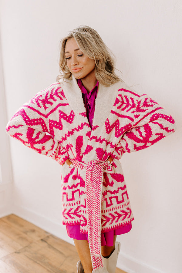 Premium Cozy Knit Cardigan - Pink Snowflake Design