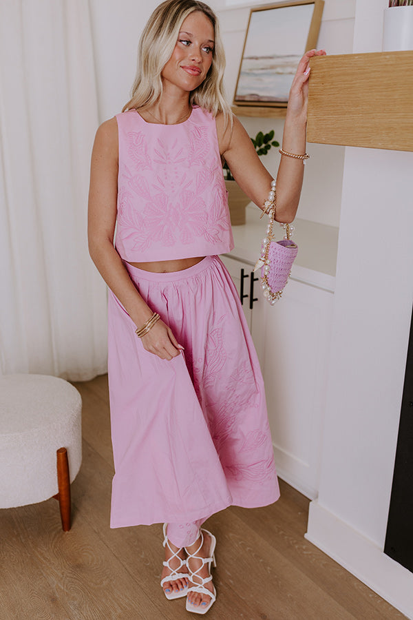 Premium Vacay Bound High Waist Embroidered Midi Skirt in Blush