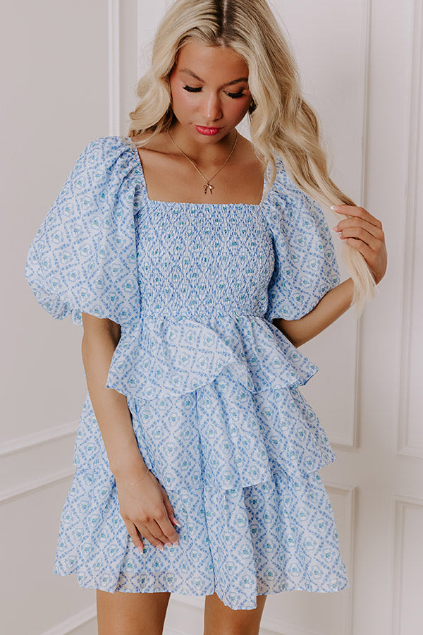 Premium Sky Blue Floral Tiered Mini Dress