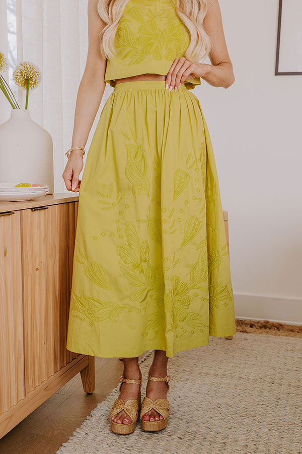 Premium Lime Punch High Waist Embroidered Midi Skirt - Ultimate Vacation Style