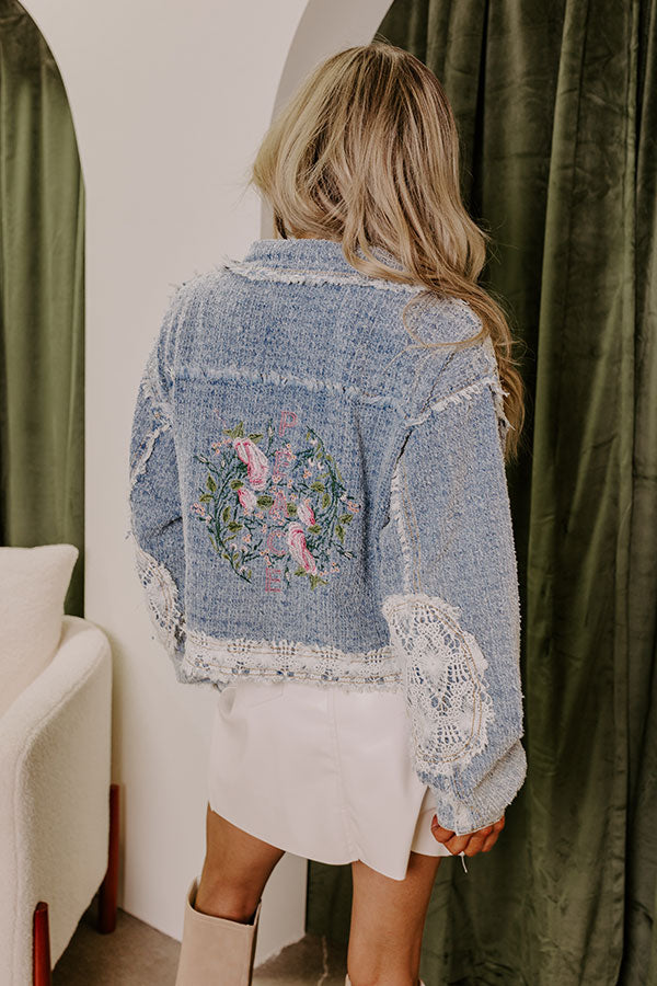 Premium Boho Embroidered Denim Jacket - Medium Wash