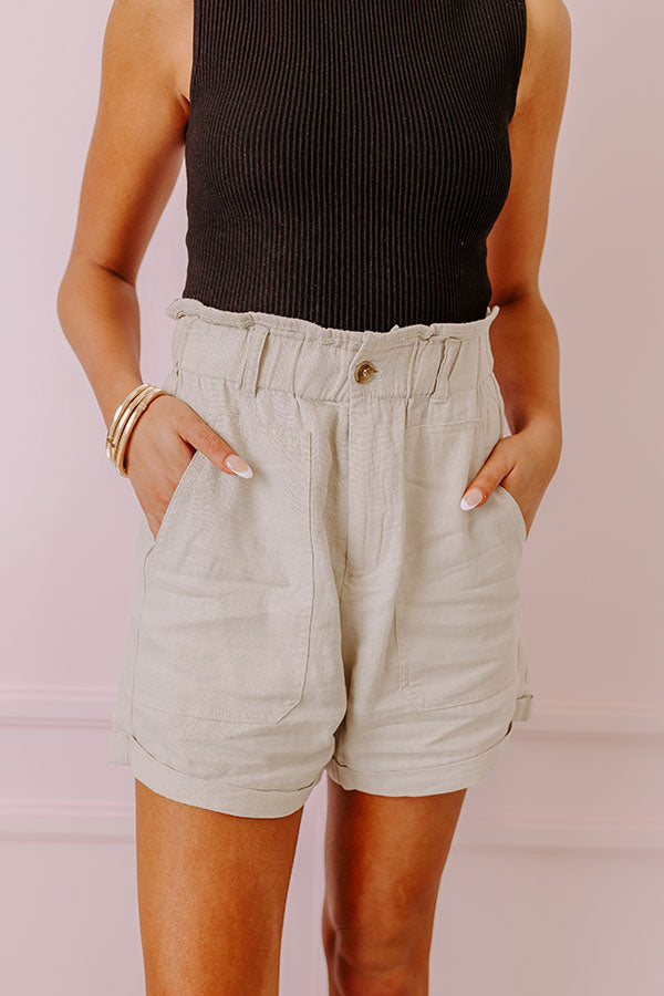 Premium High Waist Linen Blend Shorts - Stone (Chic & Comfortable)