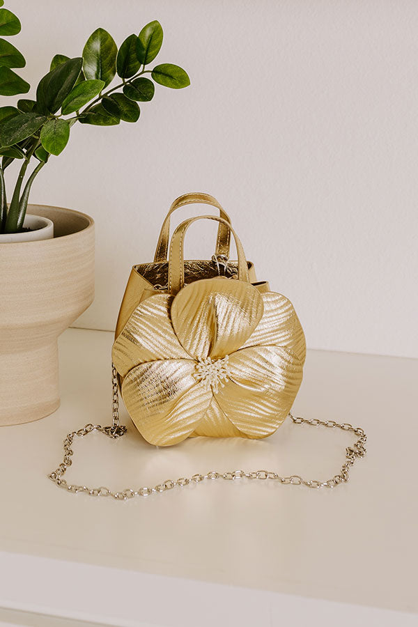 Premium Monroe Flower Vegan Leather Top Handle Bag in Gold