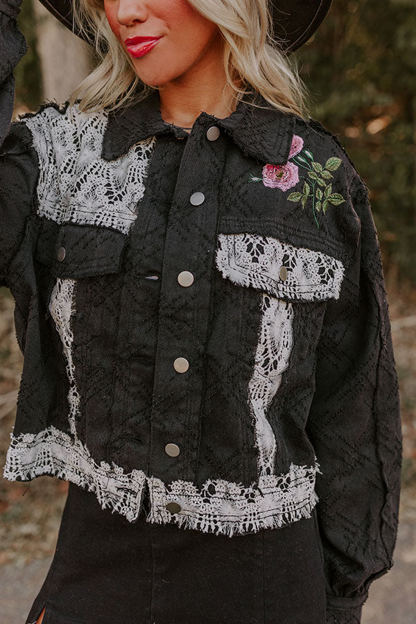 Premium Boho Embroidered Denim Jacket - Black