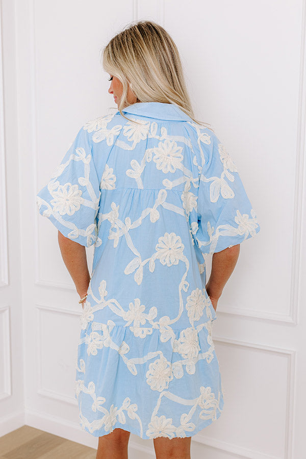Premium Floral Embroidered Mini Dress - Sky Blue