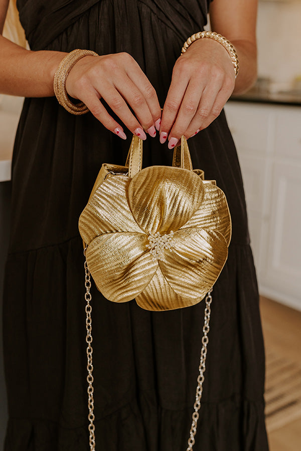 Premium Monroe Flower Vegan Leather Top Handle Bag in Gold