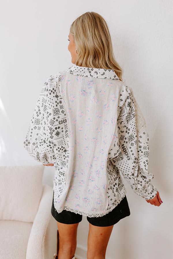 Premium Boho Chic Lace Button-Up Blouse - White