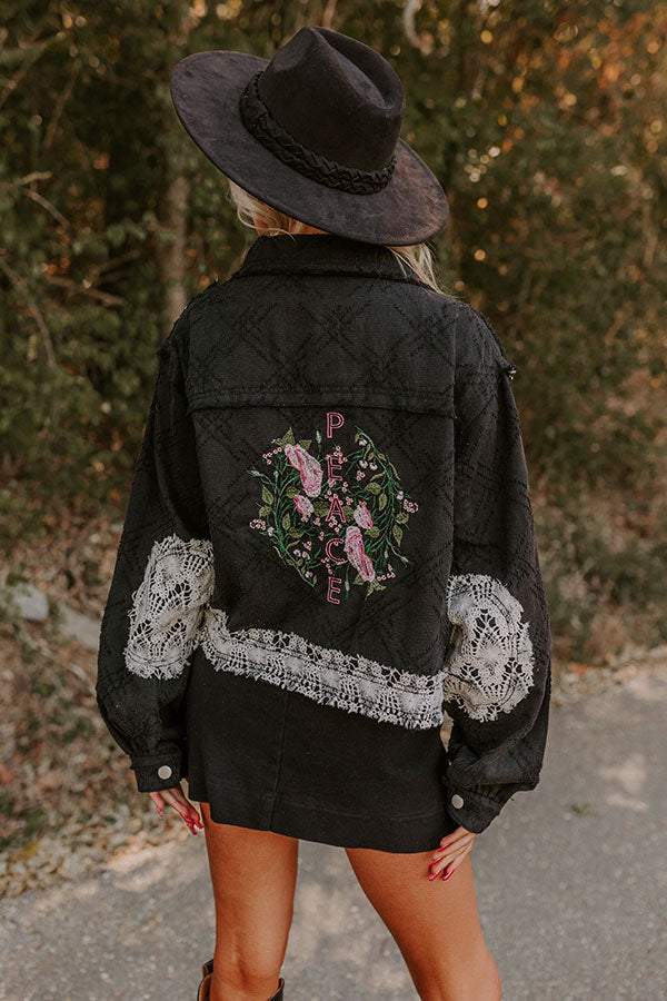 Premium Boho Embroidered Denim Jacket - Black