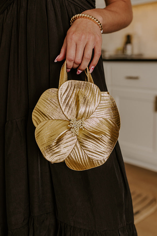 Premium Monroe Flower Vegan Leather Top Handle Bag in Gold