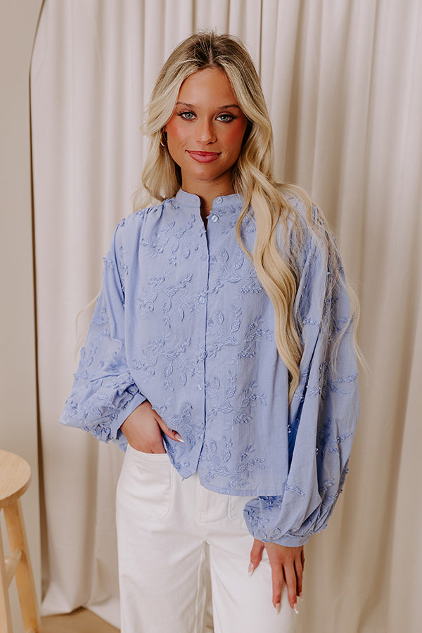 Premium Lost In Love Embroidered Button-Up Top - Sky Blue