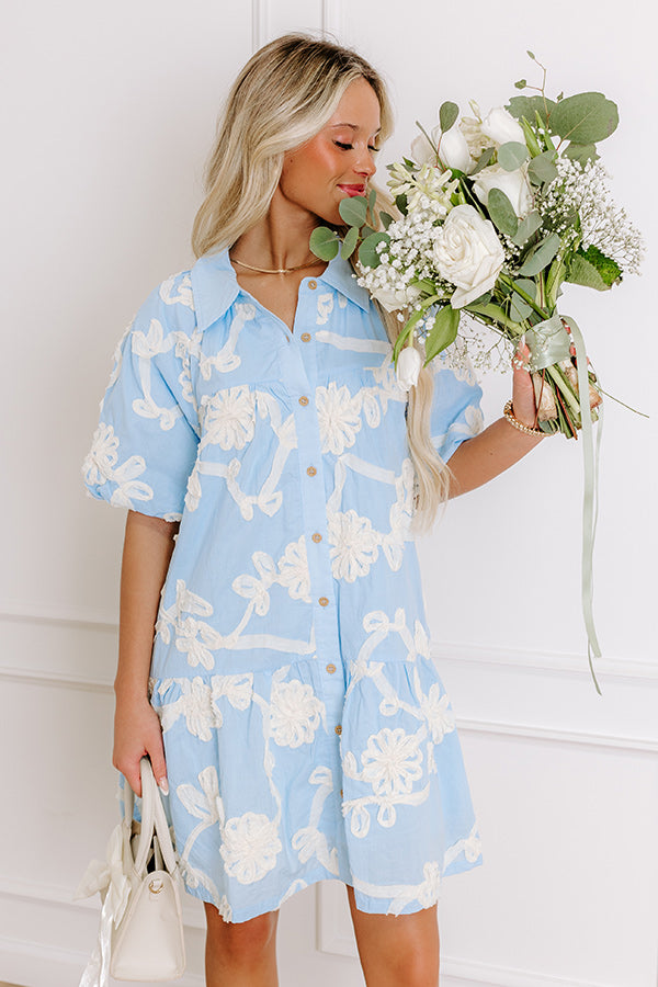 Premium Floral Embroidered Mini Dress - Sky Blue