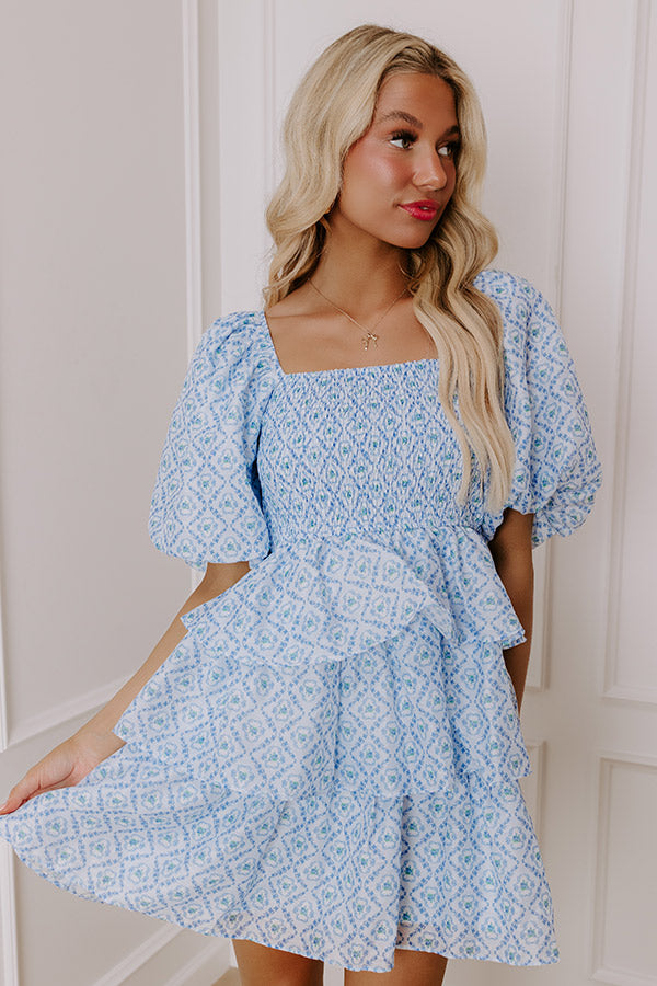 Premium Sky Blue Floral Tiered Mini Dress