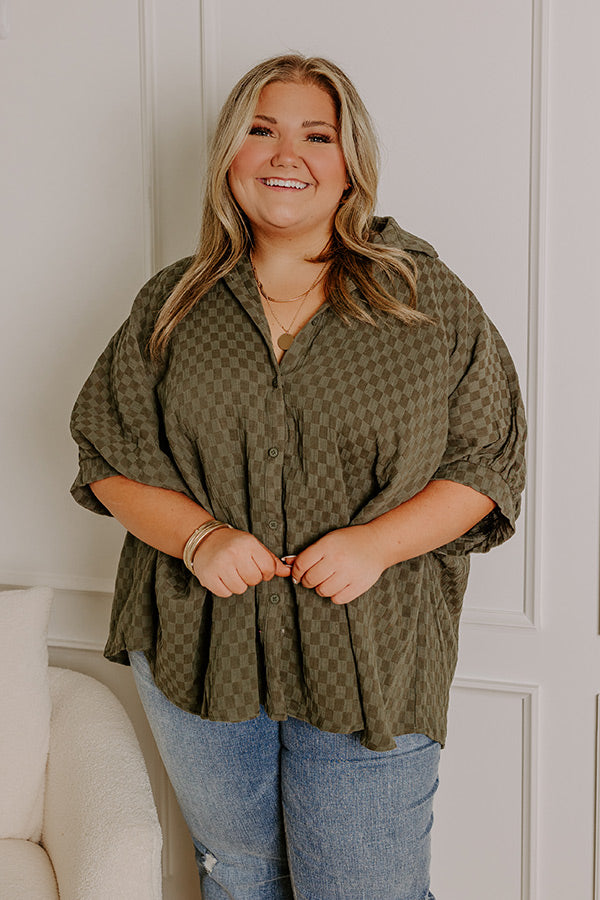 Premium Fit Check Oversized Button-Up Shirt in Olive Curves