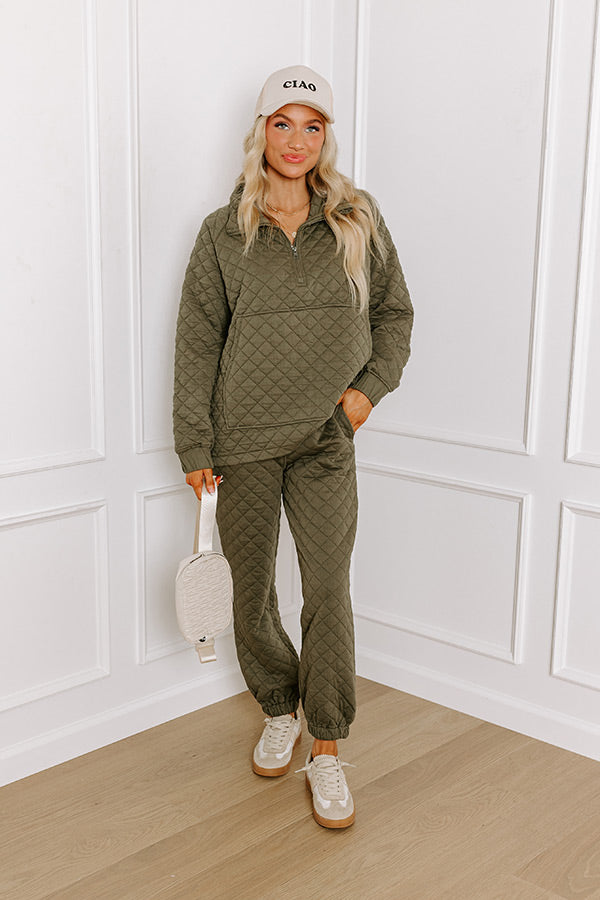 Premium Paris Mornings Quilted Joggers - Dark Sage