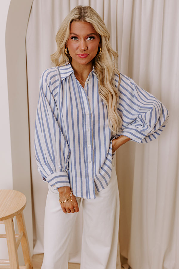 Premium Nantucket Charm Stripe Button-Up Shirt in Blue