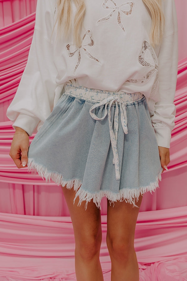 Premium High Waist Denim Skort | Light Wash & Floral Accent