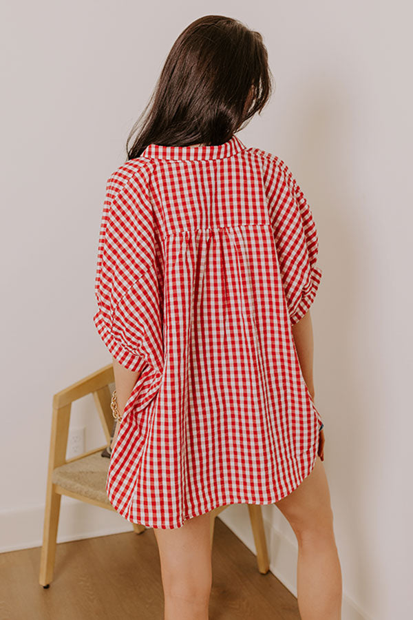 Ultimate Picnic Style: Oversized Gingham Button-Up Shirt in Vibrant Red