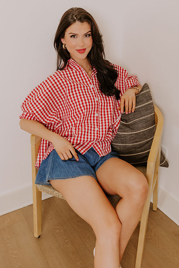 Ultimate Picnic Style: Oversized Gingham Button-Up Shirt in Vibrant Red