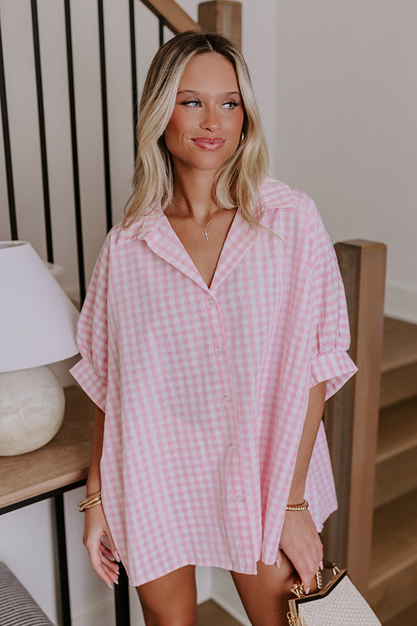 Ultimate Pink Gingham Oversized Button-Up Shirt for Effortless Picnic Style